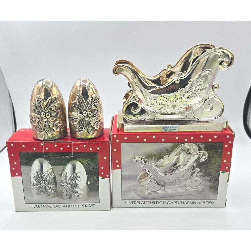 International Silver Co. Christmas Sleigh Napkin Holder & Holly Shakers